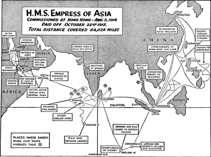 [Map showing patrol routes of the <cite>Empress of Asia</cite> in the Pacific and Indian Oceans.]
